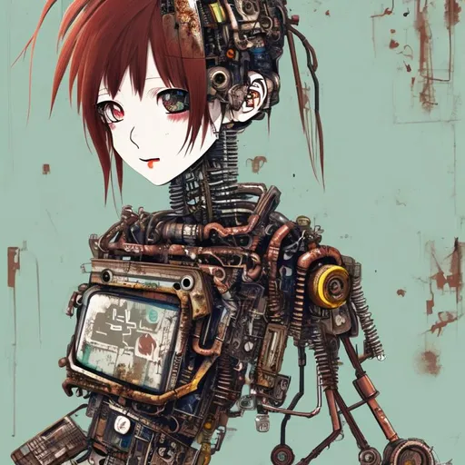 Prompt: scrap-punk, humanoid android girl, rusted, anime, salvaged tech, 