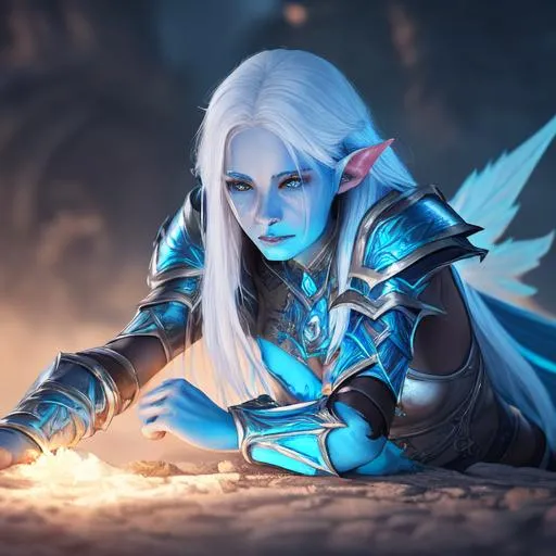 Prompt: splash art of an elven woman with blue skin and white hair, metal armor, channeling healing magic on dying human on ground, at night, heroic fantasy art, action shot, special effects, hd octane render