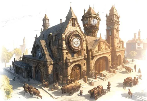 Prompt: Exterior view of an inventors guild hall in a  medieval fantasy steampunk town covered in clocks and gear wheels, doors large and small horses and cars ,  first-person view, medium distance, detailed digital art, hyper realistic