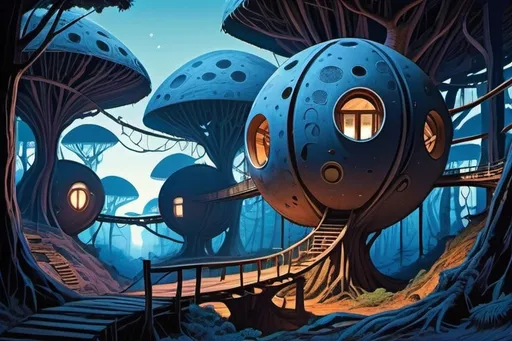 Prompt: An alien settlement of spherical clay primitive houses suspended in blue forest canopy, with rickety bridges between them, with mysterious lights  in houses, psychedelic imagery, in style of Moebius, comic illustration 