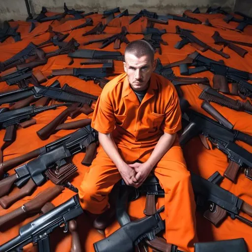 Prompt: Prisoner from the game scum in an orange prison uniform sitting on a huge pile of ak-47 rifles 4k ultra realistic