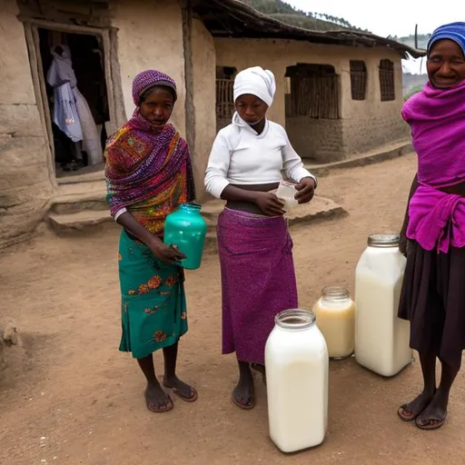 Prompt: Two young women were preparing milk differently to sell to the people of the village.