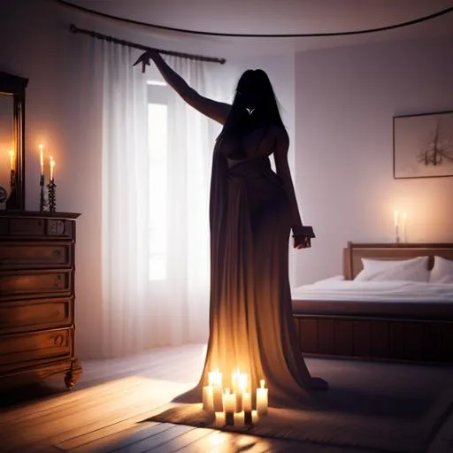 Prompt: Create a shot of demonic entity descending from ceiling while possess a bare body busty thicc woman, she is levitating in air above bed with hands down while demoni entity kissing and fingering her in midair in side a cottage lit by candles , photorealistic with raytracing shot showing full body if the entity and the woman, Full body focus with depth of field,  beautiful woman designed with unreal engine 5 optimised character creation, ultradetailed ultra realistic ultrafocused, 