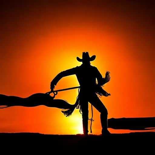 A silhouette of a lone cowboy exiting a bar with the sun setting behind him with a whip in his hands