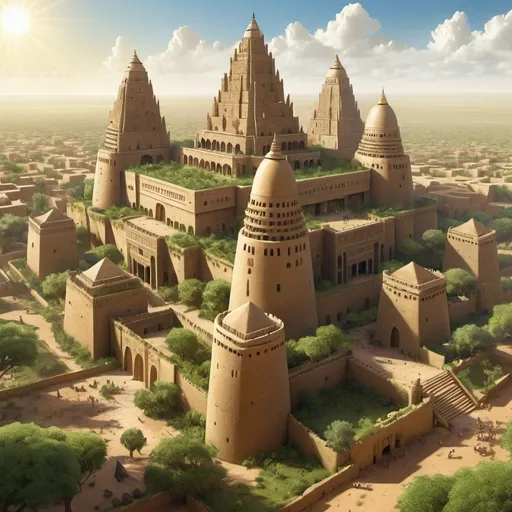 Prompt: Fantasy Illustration of a huge palast, old mali architecture, entire structure, clax materials, mali style towers, surrounded with high walls, lush green garden, immersive world-building, high quality, detailed, epic scale, fantasy, surrounded by an ancient african city like timbuktu, bright sunlight