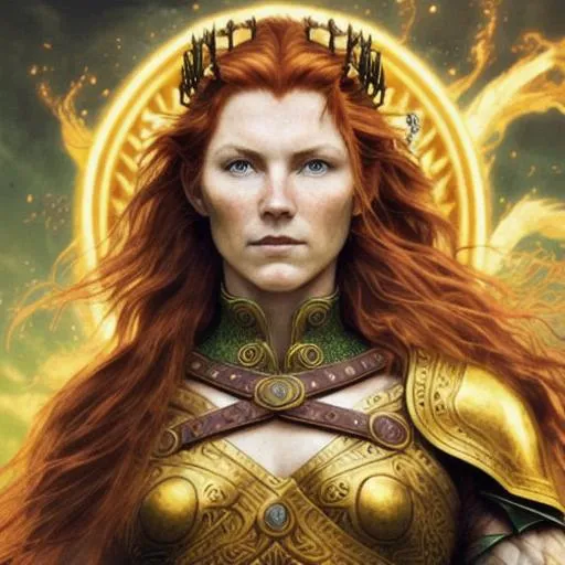 Prompt: Portrait of a Celtic warrior queen with reddish-brown hair flowing down her back, green eyes, and wearing a golden torque