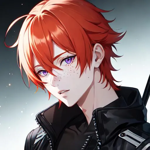 Prompt: Erikku male adult (short ginger hair, freckles, right eye blue left eye purple) UHD, 8K, Highly detailed, insane detail, best quality, high quality,  anime style, biker 