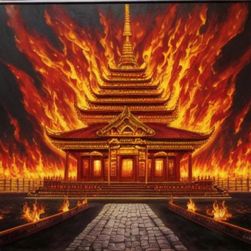 Prompt: oil painting , temple made of flames, 8k