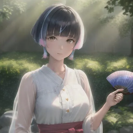 Prompt: Digital style painting, ayaka genshin impact bowl-cut hair holding hand fan, style of Pixar, Fragonard, highly-detailed, cinematic, washed out palette, soft pastel color palette, light trails, sunny day, translucent, iridescent, perfect composition, hyperrealistic, super detailed, 8k, high quality, sharp focus, intricate details, highly detailed, dynamic lighting, detailed and intricate environment, highest quality