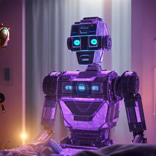 Prompt: robot, 8K quality, cubes, purple light, in bed room with man making robot