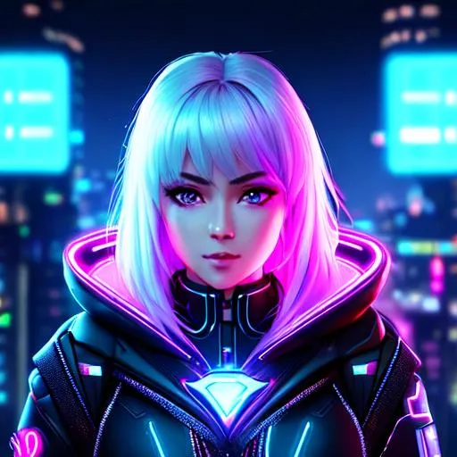 Prompt: Quality, 8k, detailed, cyberpunk, anime, hood, beautiful, face, neon backlight, woman