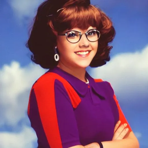 Prompt: Full sized portrait of thick, pretty, Velma Dinkley, 1995 high school yearbook style, cloud background