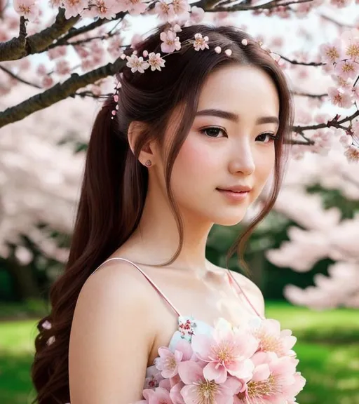Prompt: 64K UHD HDR Realistic Detailed View of Captivating Sakura Kinomoto. Innocent Emerald Green Eyes Overflowing with Magic. Flowing Locks of Chestnut Brown Hair, Adorned with a Delicate Cherry Blossom Hairpin. In Serene Cherry Blossom Garden. Soft Sunlight Casting a Magical Glow. Octane Render. Eye-Candy. Magical Girl Theme.