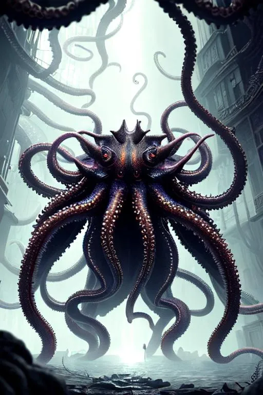 Prompt: UHD, hd , 8k, , hyper realism, Very detailed, zoomed out view, whole character in view, horror, Lovecraftian atmosphere,  a playing card character with arms & legs, it  wandering a horrific wonderland, tentacles in the background