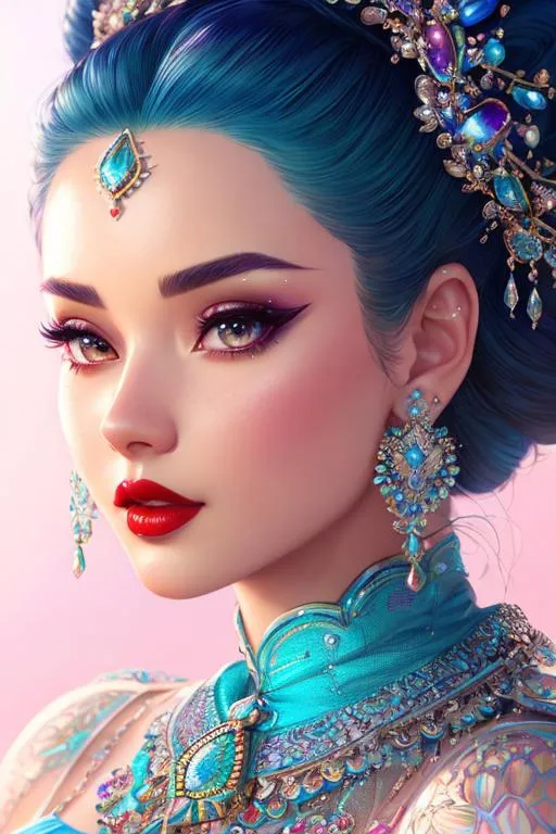 Prompt: An extremely gorgeous woman,  with top knots full of cyan jewelers, delicate intricate iridescent details, red lipstick, global illumination, hyper-detailed, ultra-detailed 3d, a Pixar and Disney character art by Artgerm, hyper-detailed face, clear realistic eyes, sharp focus, octane render, ray tracing, Ultra-High-Definition,