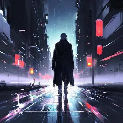 Prompt: painting of a man alone at the streets at night looking back , galaxy skies, dark long coat, long waving hair, symmetrical, gloomy atmosphere,  by sui ishida, concept art, digital painting