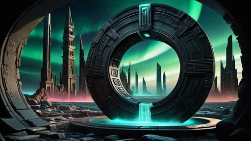 Prompt: magical portal between cities realms worlds kingdoms, circular portal, ring standing on edge, upright ring, freestanding ring, hieroglyphs on ring, complete ring, ruins, ancient roman architecture, atlantis city plaza setting, aurora borealis, panoramic view, dark night, futuristic cyberpunk tech-noir setting