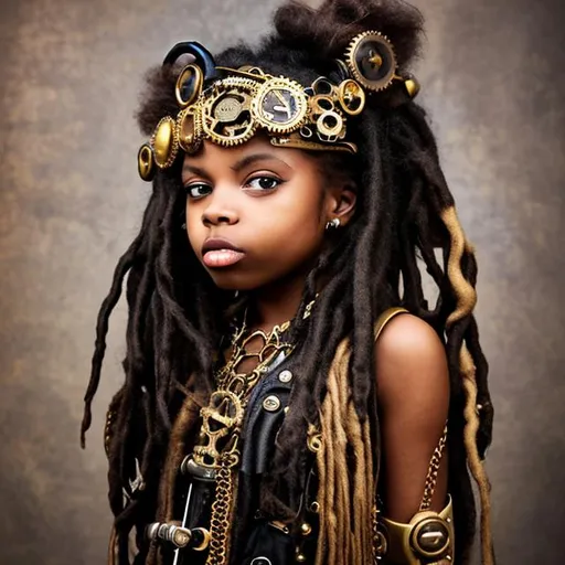 Young black woman dressed in steampunk accessories i