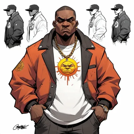 Prompt: (character concept art page), (cartoon style), slightly heavy set black man, early 2000's clothing, gangster aesthetic, exuding confidence, a chin with a giant sun medallion , vibrant colors, expressive poses, dynamic angles, urban background with graffiti, playful yet bold ambiance, highly detailed, 4K quality, character sheet with front view, side view, back view.