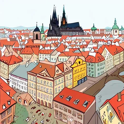 Prompt: prague city, illustration, in the style of katinka reinke