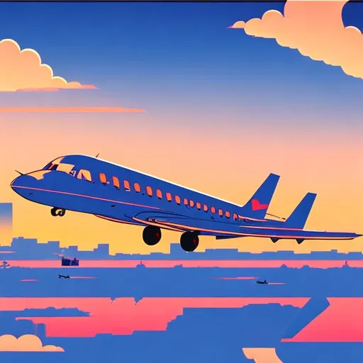 Prompt: dusk aeroplane departure in style of Hiroshi Nagai painting