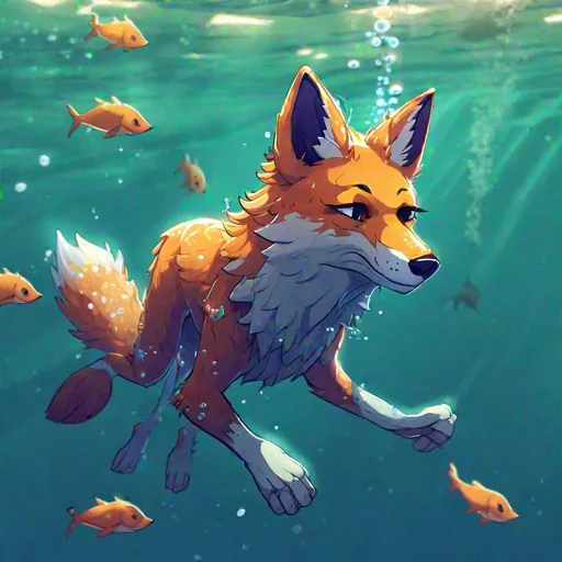 Prompt: Anthropomorphic gaybfox swimming underwater