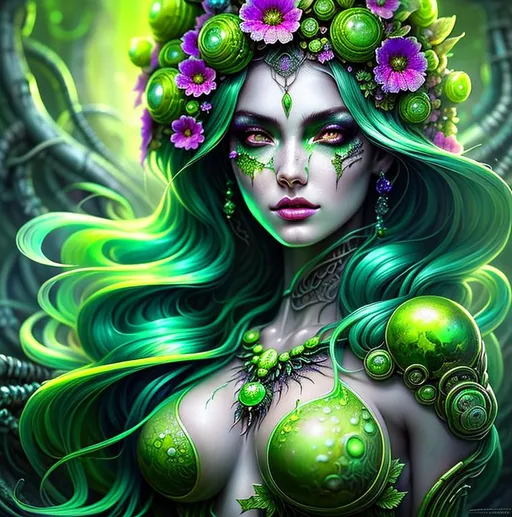 Prompt: Beautiful Poison goddess covered in uranium with detailed green features in a vat of acid with illuminating drops, biohazard; by anna dittmann, floradriel, digital painting, extreme detail, 120k, ultra hd, hyper detailed, toxic, wlop, digital painting, bright green body, covered in Ivy dress, anime character, background digital painting, digital illustration, extreme detail, digital art, ultra hd, vintage photography, beautiful, aesthetic, style, hd photography, hyperrealism, extreme long shot, telephoto lens, motion blur, wide angle lens, sweet,