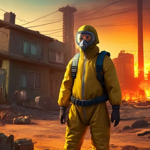 Prompt: Guy in a hazmat suit, in a nuclear wasteland, in a neighborhood, bad air quality, high res