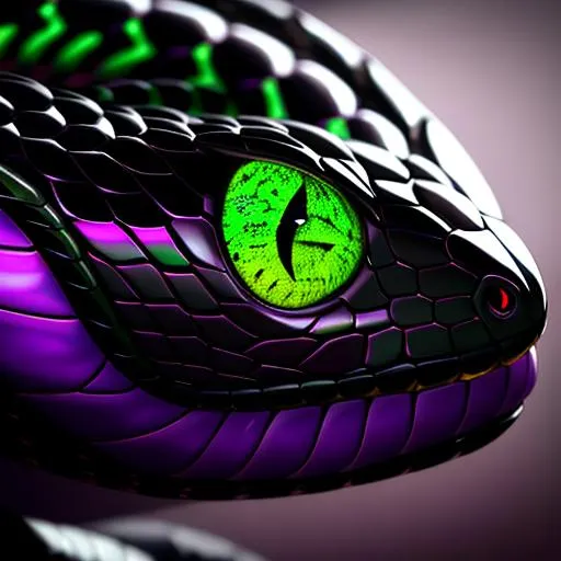 Prompt: a face shot of a twelve-foot snake with black and green markings and red eyes purple aura and a dragon-like face, very glossy and shiny, reflective, perfect composition, hyperrealistic, super detailed, 8k, high quality, trending art, trending on artstation, sharp focus, studio photo, intricate details, highly detailed, Trending on Artstation, Cozy wallpaper, Pastel colors, soft lighting