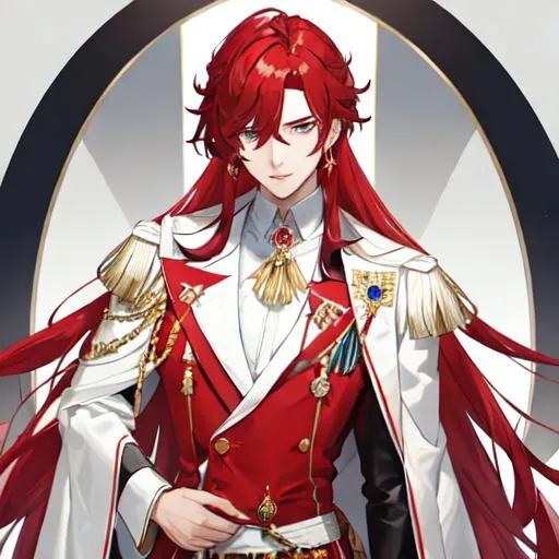 Prompt: Zerif 1male (Red side-swept hair covering his right eye) wearing a royal suit, white shawl, 