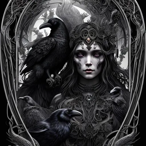 Prompt: ultra realistic, echopunk style goddess of death and goddess of life with two ravens on both sides
, art nouveau-digital art style, dark cinematic, extra detailed, mesmerizing
