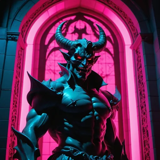 Prompt: demon, hell, demonic, gothic, vaporwave, retro, neon, aesthetic, liminal, high quality, high definition, beautiful, dramatic lighting