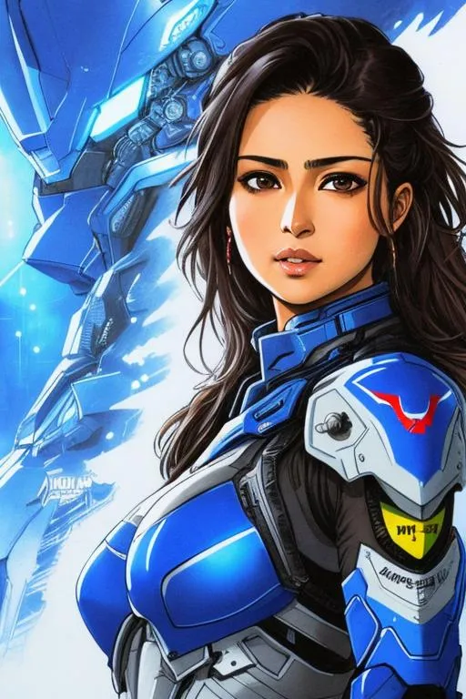 Prompt: character profile sheet (((Yoji Shinkawa))), sticker of ultra detailed portrait of Sadaf Mohammed Sayed  (Indian actress who mainly appears in Telugu, Tamil, and Kannada films)in dark blue mech armor, canon robotic hand, blue long hair, high quality cell shaded illustration in post apocalyptic style by Yoji Shinkawa, ((full body portrait)), dynamic pose, perfect anatomy, centered, freedom, soul, blue long hair, approach to perfection, cell shading, 4k , cinematic dramatic atmosphere, watercolor painting, global illumination, detailed and intricate environment, artstation, concept art, fluid and sharp focus, volumetric lighting, cinematic lighting, Art by Yoji Shinkawa,