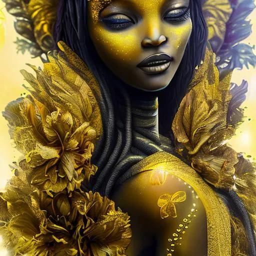 Prompt: A statue of young Oshun with yellow flower in her hair, a gold sculpture, , trending  oil pain,  neon, human, realistic, goddess, back revealed, fantasy, shard HD, river springs public bath,  digital art, yellow make-up