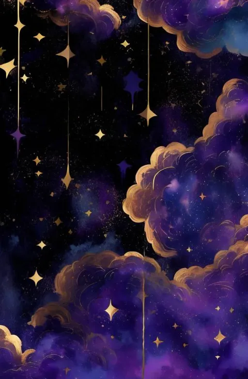 Prompt: painted golden clouds with stars and stars, in the style of dark purple and indigo, anime aesthetic, the stars art group (xing xing), wiccan, fluid, spacecore, nocturne 