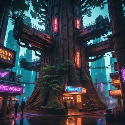 Prompt: A cyberpunk city built into a giant redwood tree, neon lights glowing against the bark at dusk