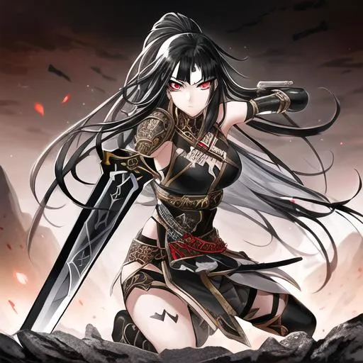 Prompt: A Beautiful girl with black hair,silver eye,black eye,wearing a warrior outfit holding a sword,background is a battle field with swords stuck in the ground