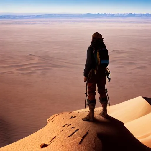 Prompt: A realistic high-quality photograph of a figure of a traveler looking towards the horizon above the Great Desert, standing on the highest peak of the mountain