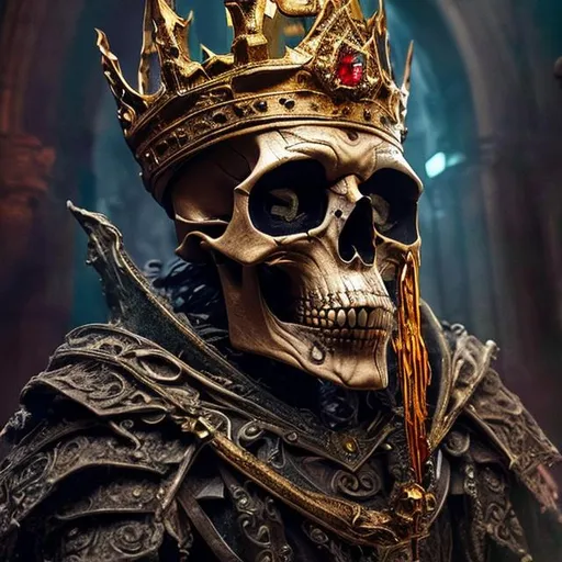 Prompt: Ancient skull of the wizard king wearing a jeweled and rusted crown side view hyper detailed extremely detailed dark cinematic UHD
