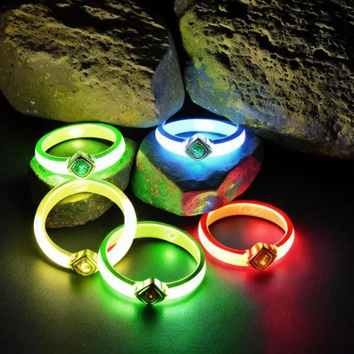 Prompt: Three Elven power rings form Lord Of The Rings placed on a rock, glowing