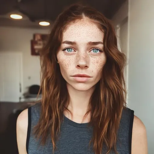 Prompt: Woman in her earl 30s. Dresses tomboyish and wears sleeveless shirts and sweatpants. She has long brown hair and hazel eyes. Some freckles.
