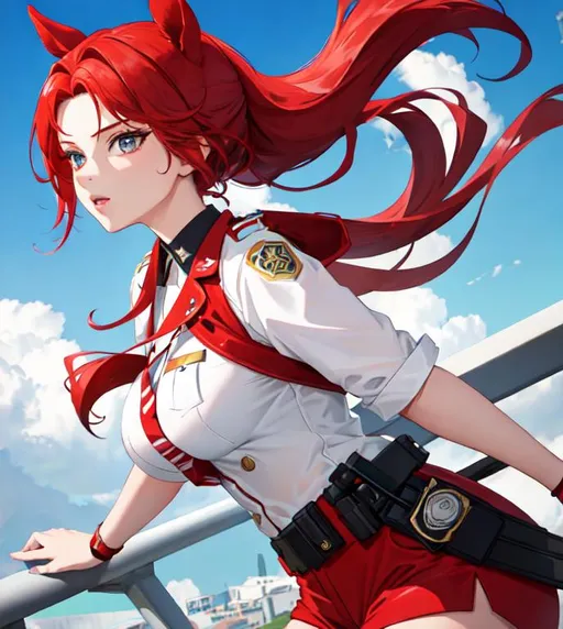 Prompt: Haley as a horse girl with bright red hair pulled back, as a police officer, UHD, highly detailed