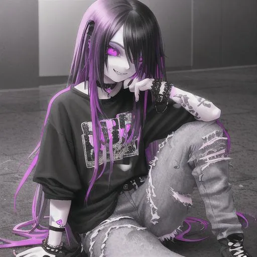Prompt: pale  girl breakcore edgy emo scenecore black eyeshadow and black hair with pink and purple extensions kandi bracelet and ripped jeans sitting on the floor looking at camera and smiling