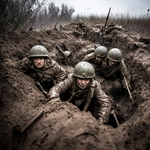 Prompt: A muddy Ukrainian trench with Ukrainian soldiers fighting off a push of Russian troops with explosions in the background and deaths 