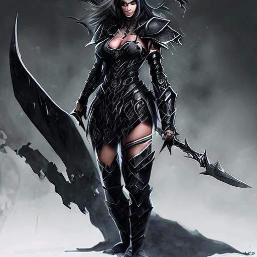 Prompt: warrior girl with black armour anf giant black sword very powerful