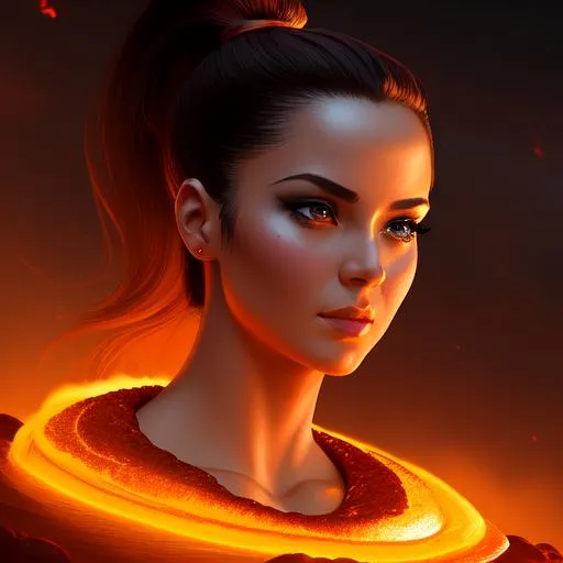 Prompt: Beautiful lava goddess, aged 25 woman, ponytail hair, attractive, as a Giantess walking baths in molten lava, , photorealistic digital photo portrait, 8k, 16k, 32k, art by greg rutkowski, donato giancola Huge cleavage, athletic body, Highly detailed photo realistic digital artwork. High definition. Face by Tom Bagshaw and art by Sakimichan, Android Jones" and tom bagshaw, Biggals