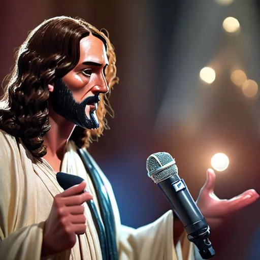 Prompt: Jesus speaks through microphone