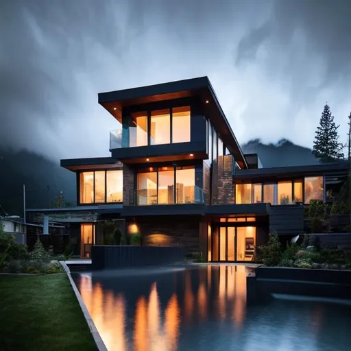 Prompt: a modern house on the mountain, beautiful rainy day, mountains, a modern house, night, calm, alone, art, realistic, hyper-realistic, highly detailed, realism, 32k, photography, hdr, 1080p, cinematic, Hyperrealistic, splash art, concept art, fictional environment, mid shot, intricately detailed, colour depth, dramatic, side light, colourful background, beautifully shot, perfect composition, atmospheric, moody, happy, emotion, 