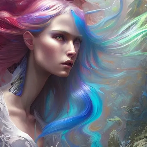 Prompt: Portrait of a rainbow goddess, rainbow hair and eyes, hyper detailed, flowing, floating, casting magic, elf ears, oil painting effect Krenz Cushart + loish +gaston bussiere +craig mullins, j. c. leyendecker +Artgerm, oil painting texture