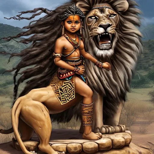 Prompt: A tribal girl ride on a lion